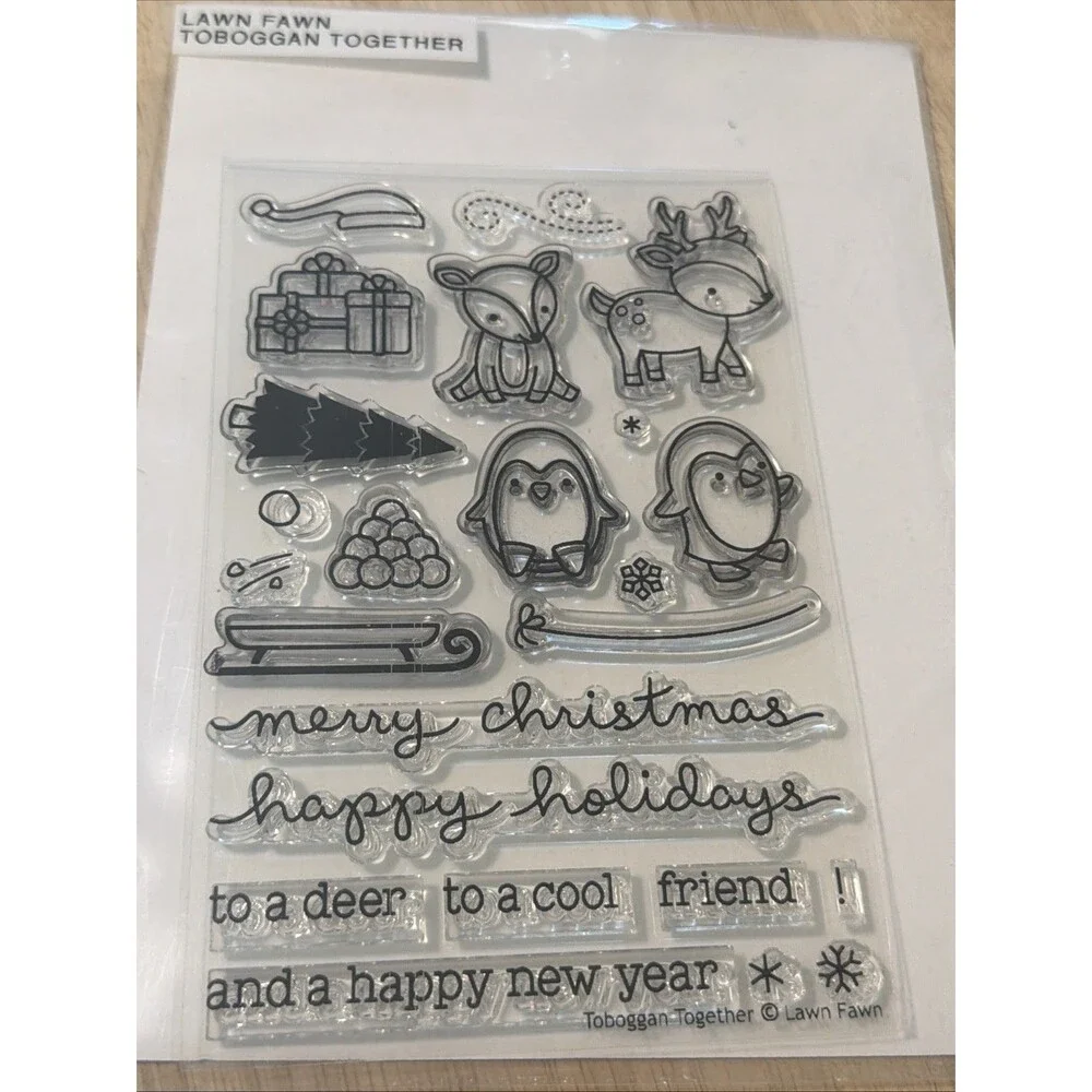 Lawn Fawn Toboggan Together Stamp Set penguin deer sled christmas winter snow